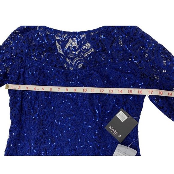 NWT Marina Women's Cobalt Blue Paisly Lace w/Sequins Formal Gown Size 10 - Picture 10 of 11